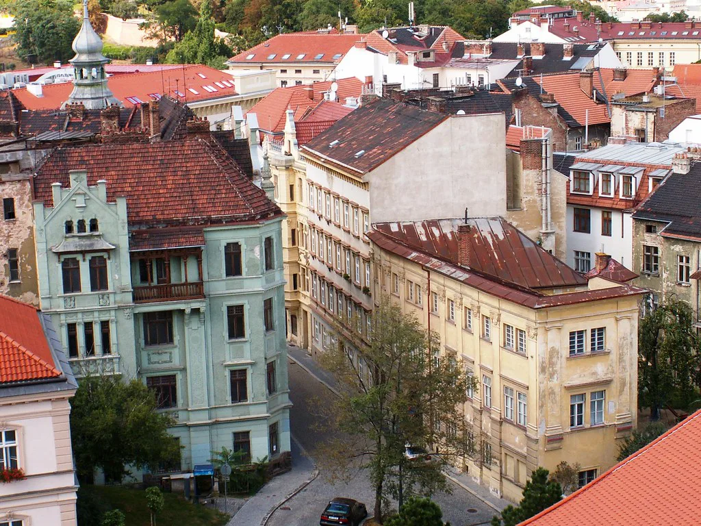 Red-roofed old buildings in central Brno seen from above