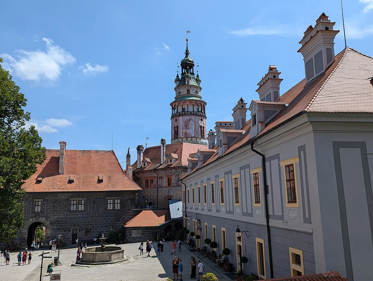 The second courtyard of Český Krumlov Castle, with the castle tower behind.
