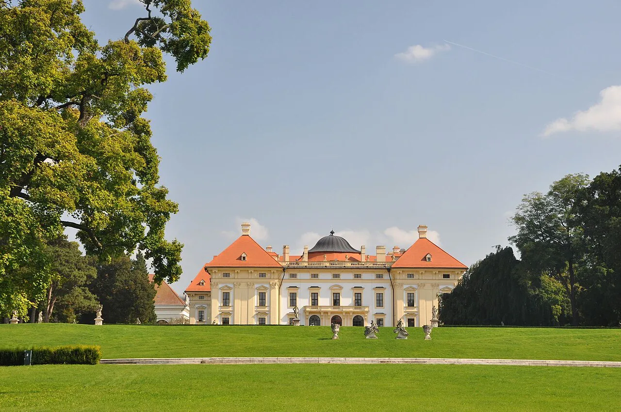 Slavkov Castle seen from the castle gardens.