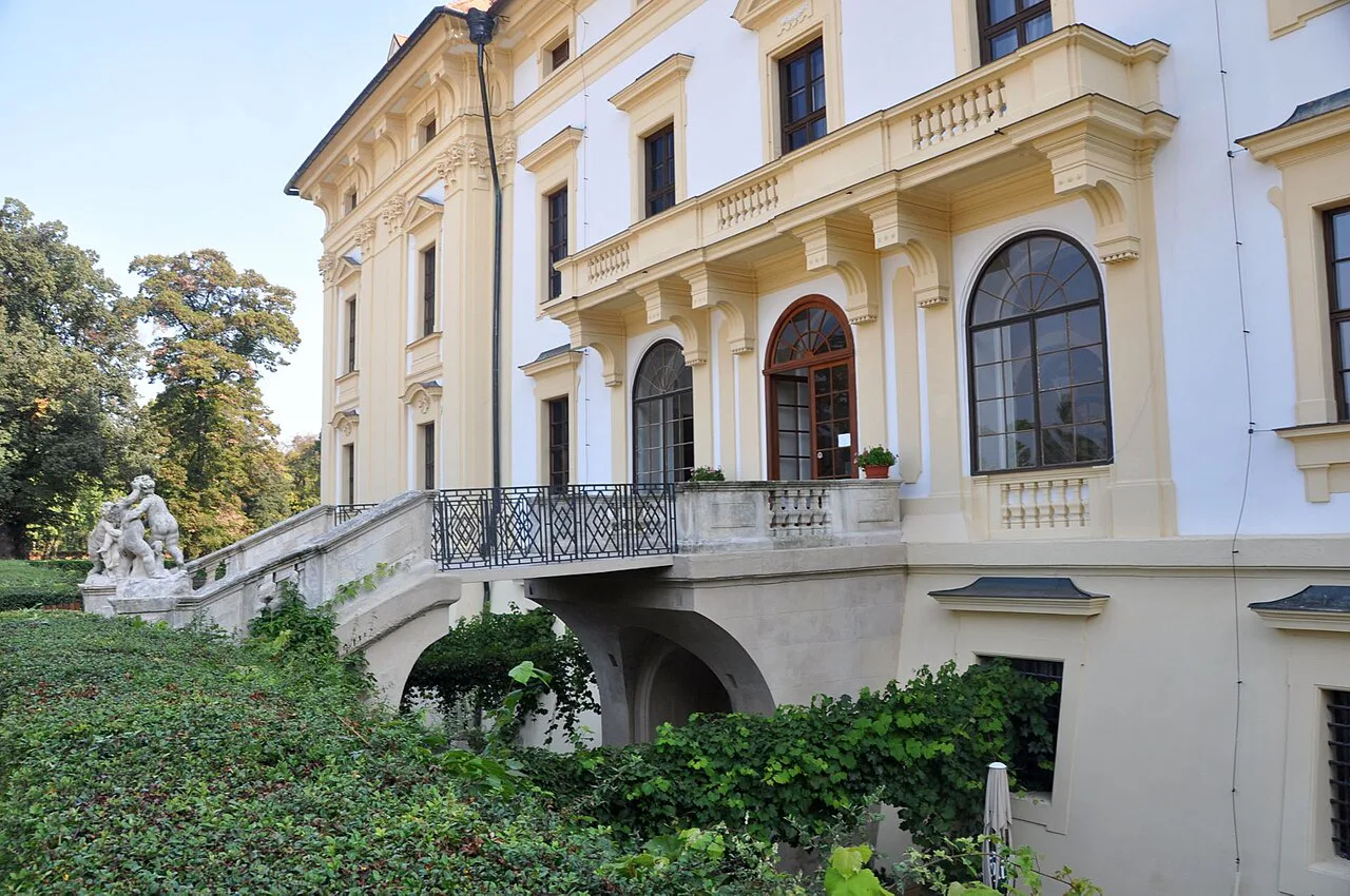 Balustraded terrace and facade of Slavkov Castle.