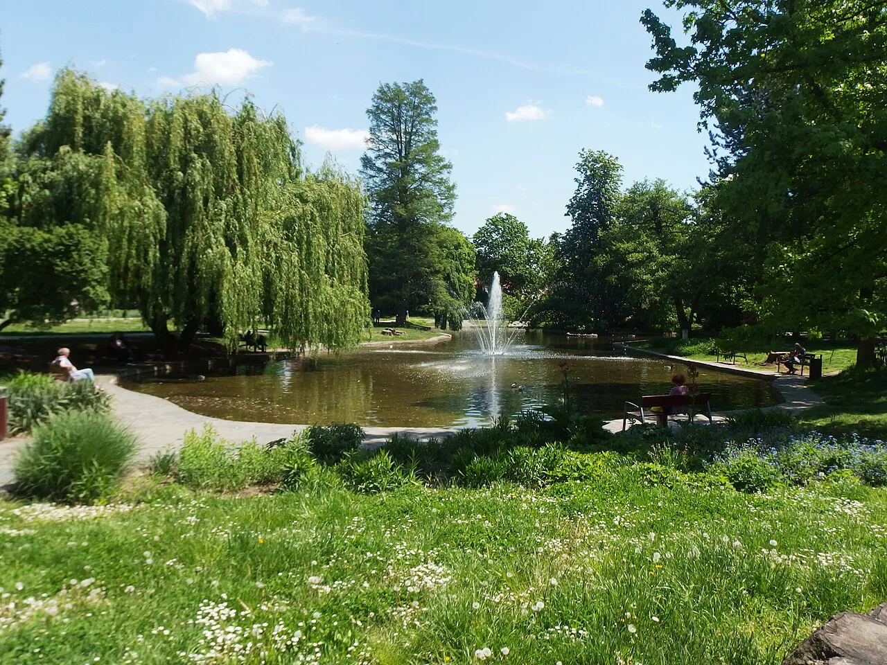 Pond and fountain in Smetanovy sady park, Olomouc.
