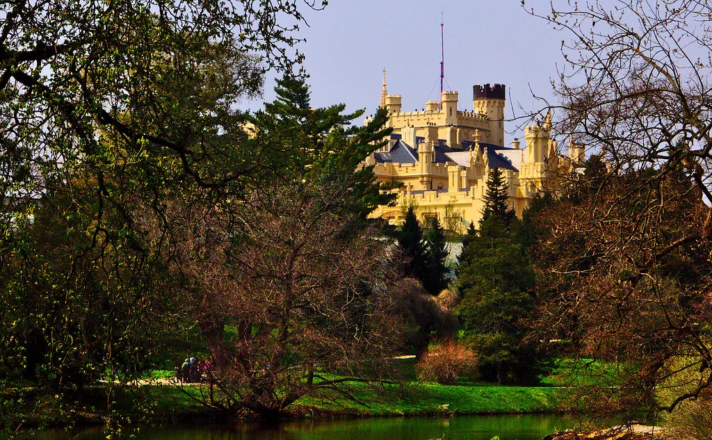 Lednice Chateau seen through the trees of its park