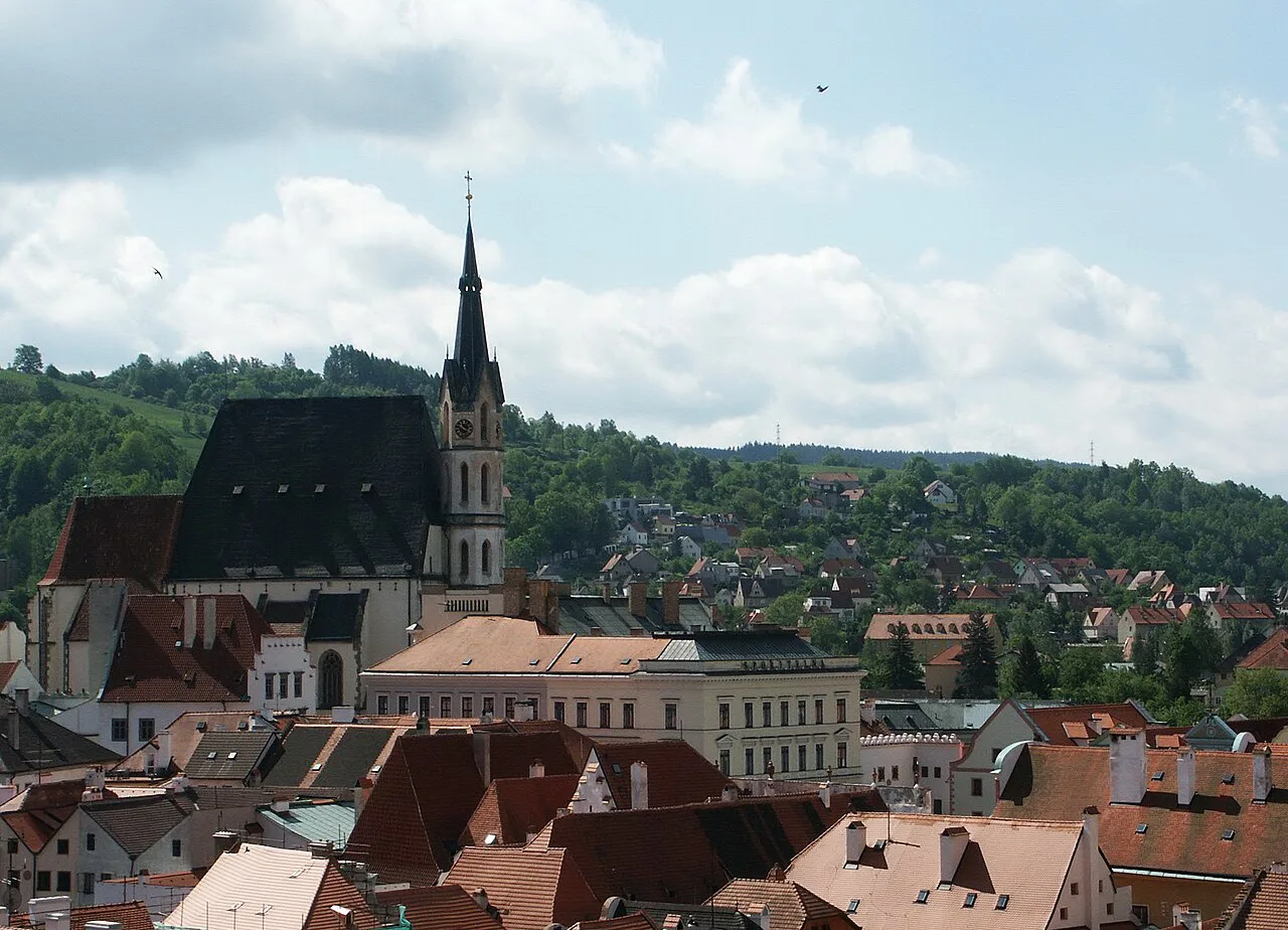 St. Vitus Church rising above the old town of Český Krumlov.