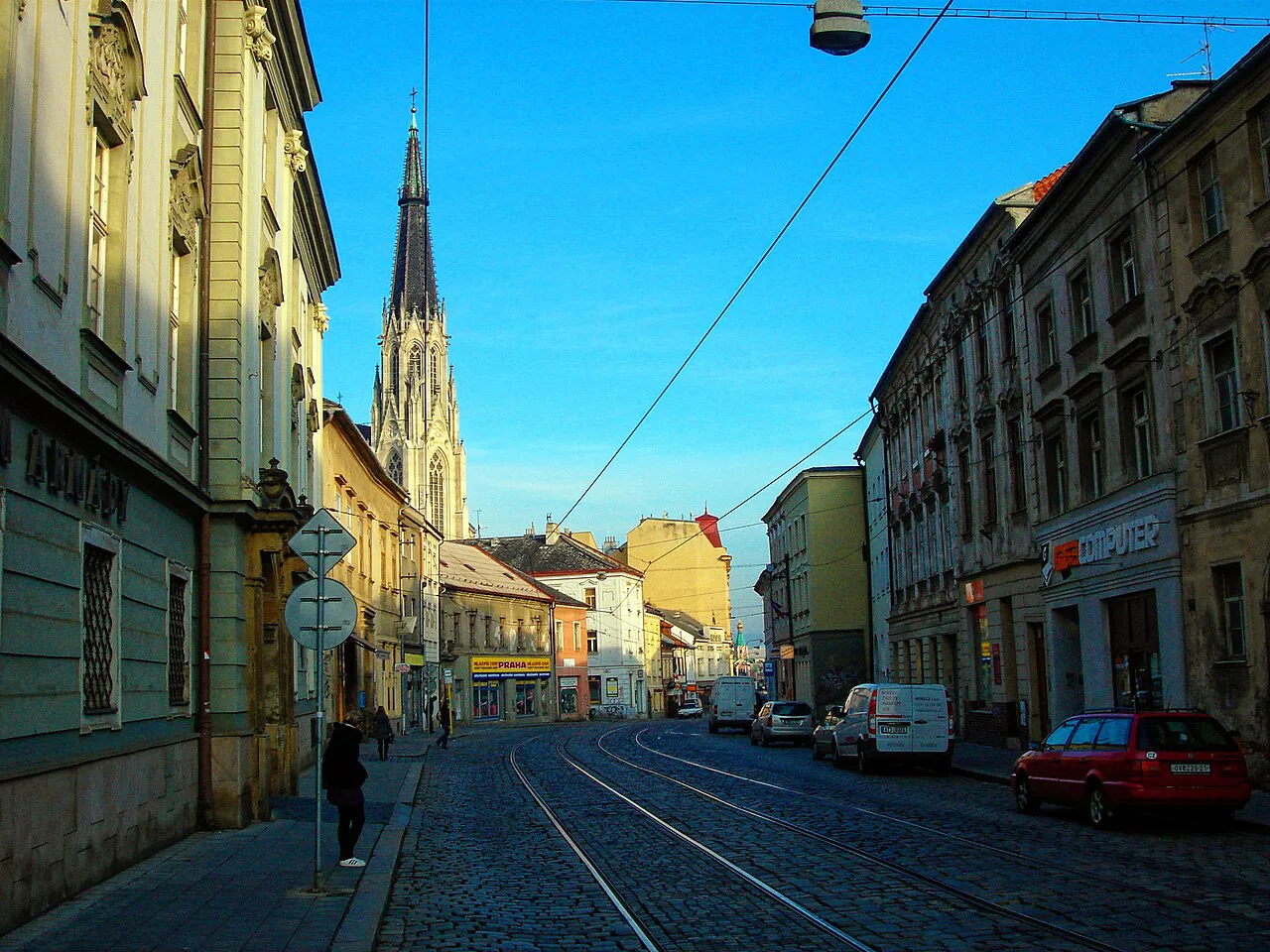 St. Wenceslas Cathedral seen along 1. máje street, Olomouc.