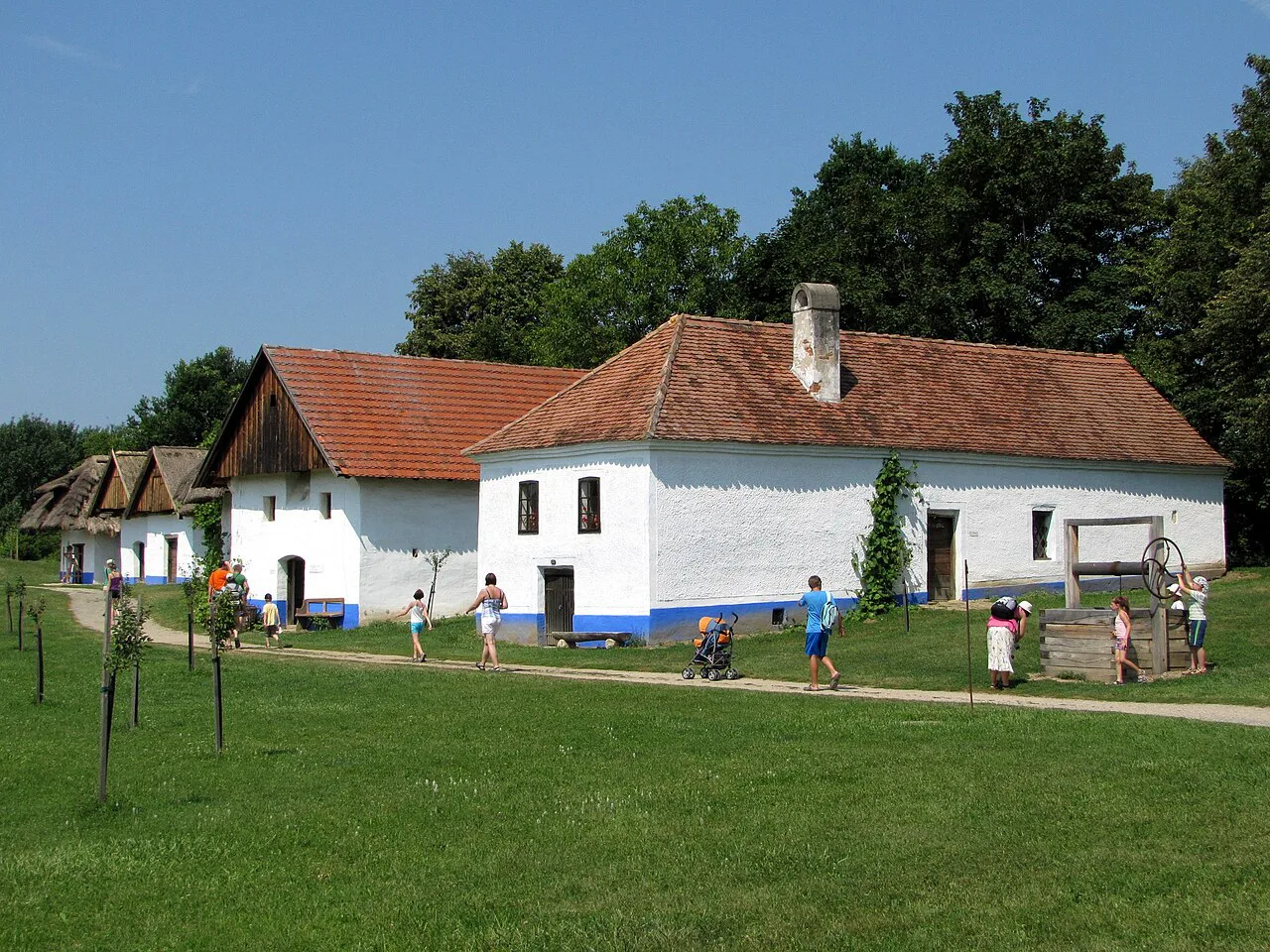 Winegrowers' buildings in the Strážnice open-air museum, South Moravia.