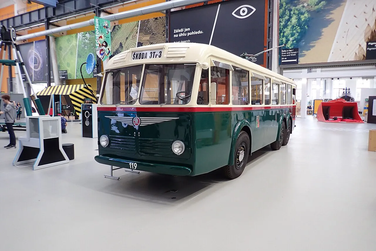 A historic Škoda 3Tr3 trolleybus on display in Techmania Science Center, Plzeň.