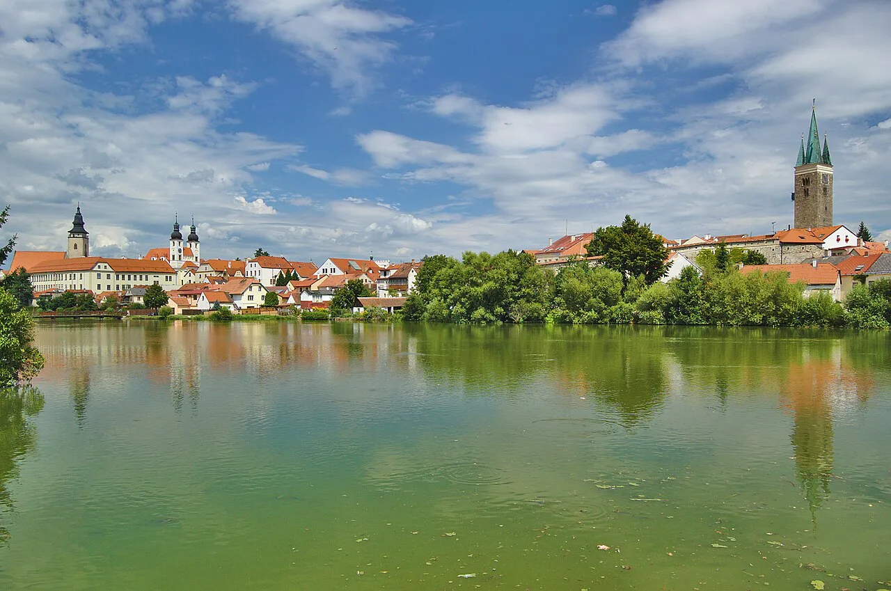Telč's historic center seen across Ulický Pond.