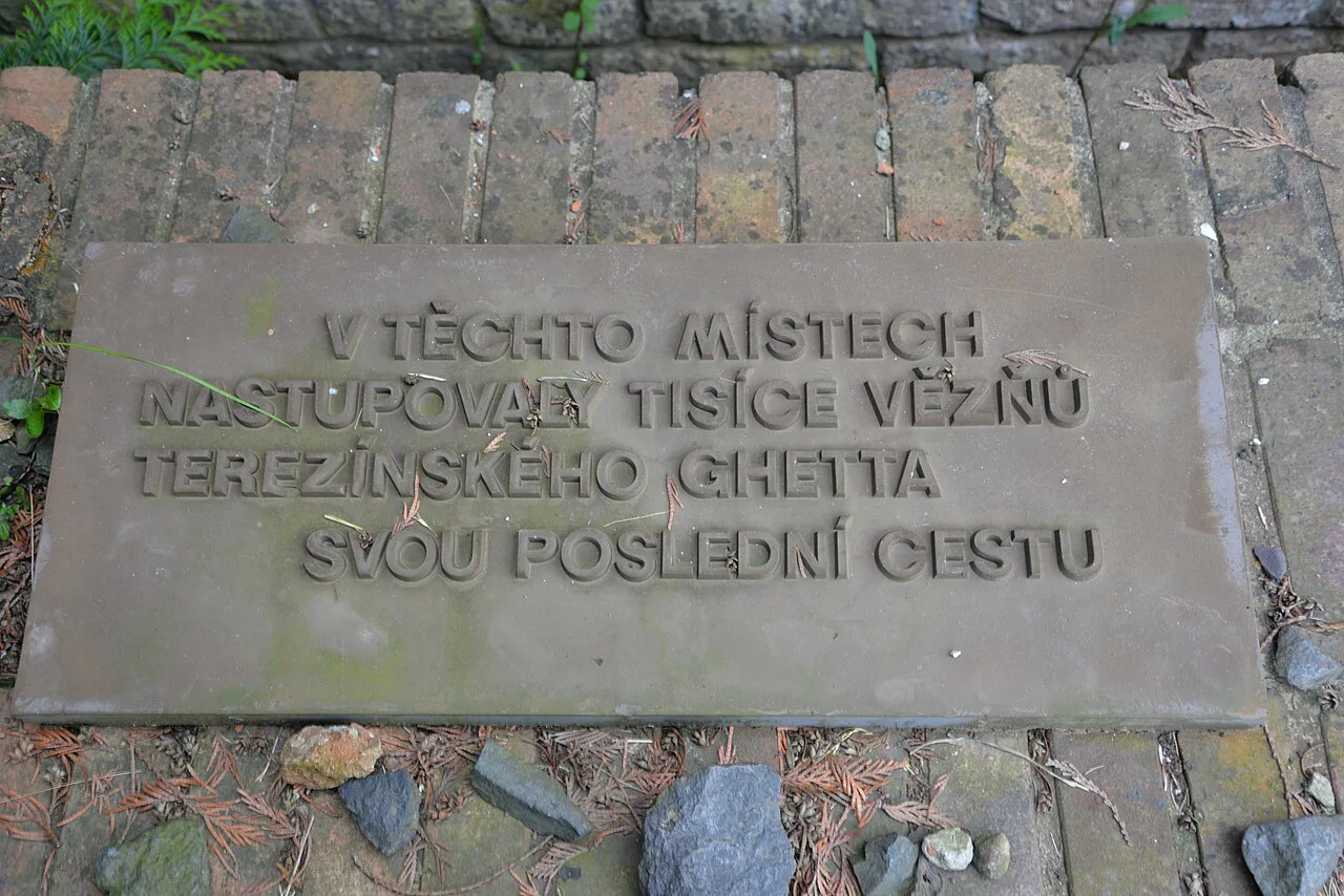 A memorial plaque in Terezín marking where thousands of Terezín Ghetto prisoners began their last journey.