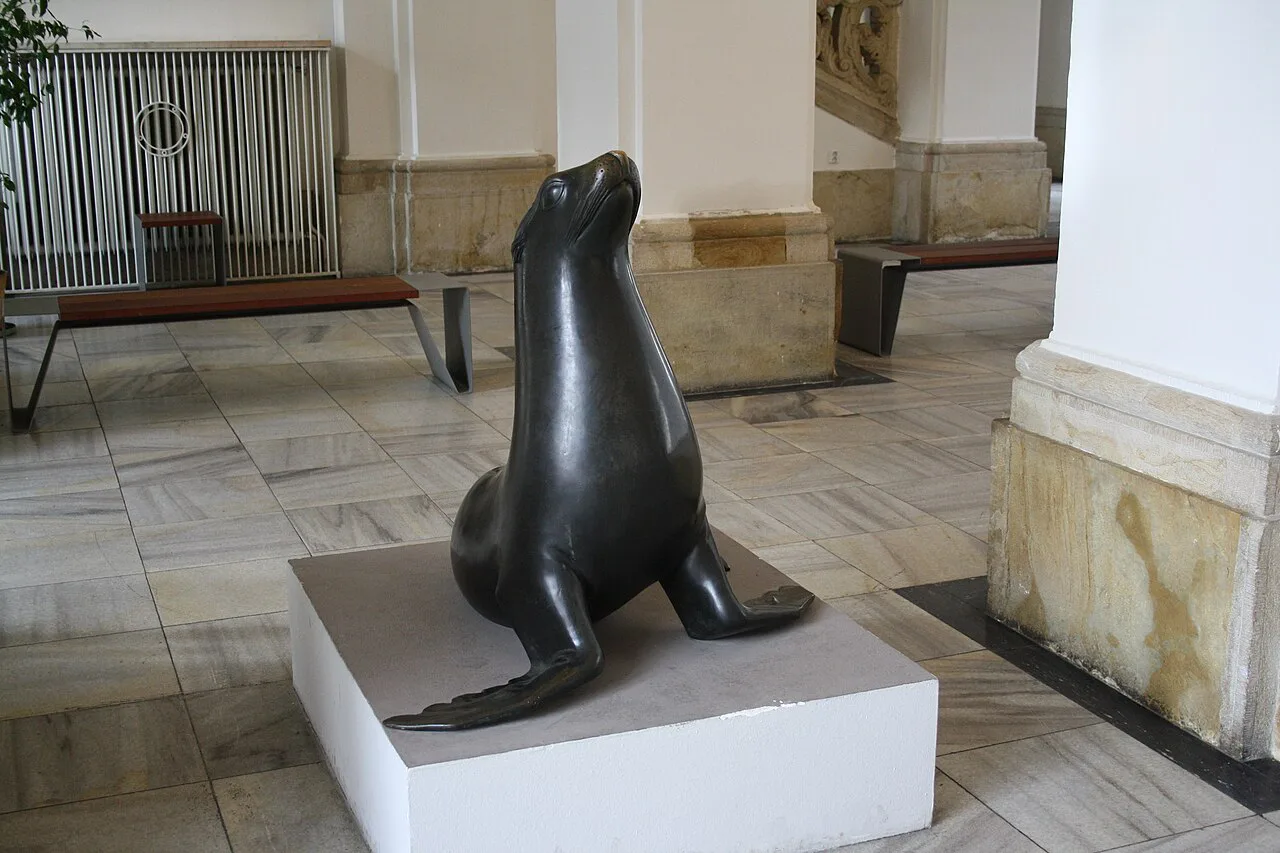 A sea lion sculpture inside the Moravian Gallery, Brno.