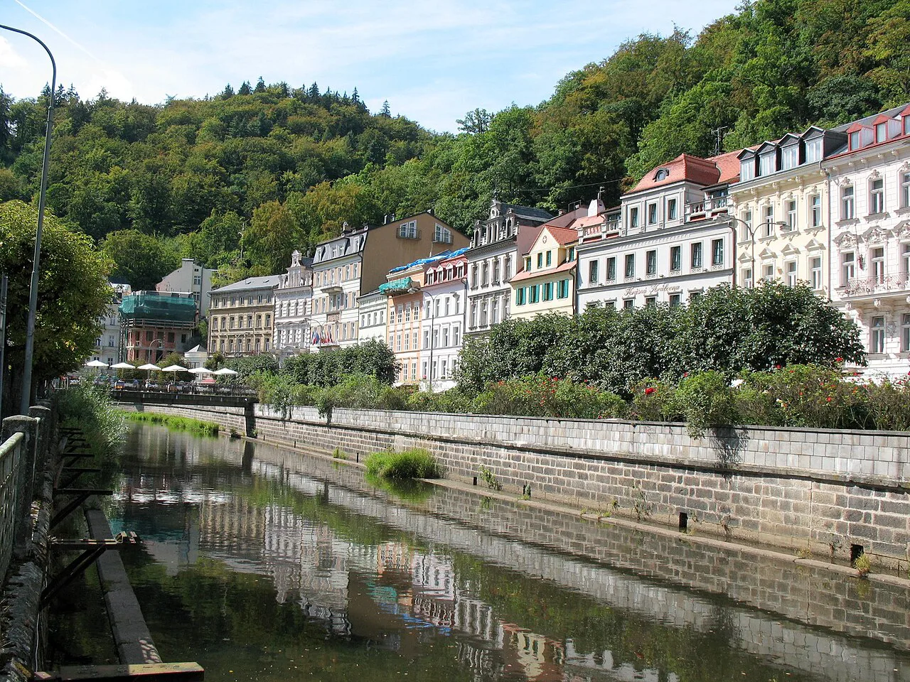 Spa buildings along the Teplá River in Karlovy Vary.