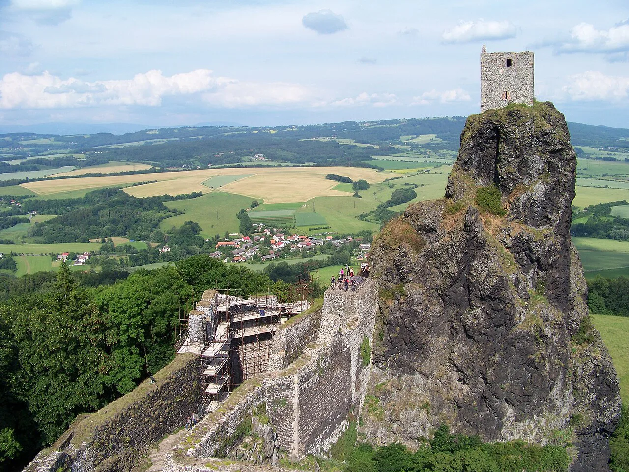 Trosky Castle's Panna tower on its rock, with the countryside of Bohemian Paradise below.