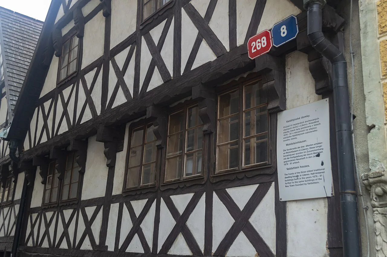 Half-timbered facade of the Valdštejnské domky, Liberec.