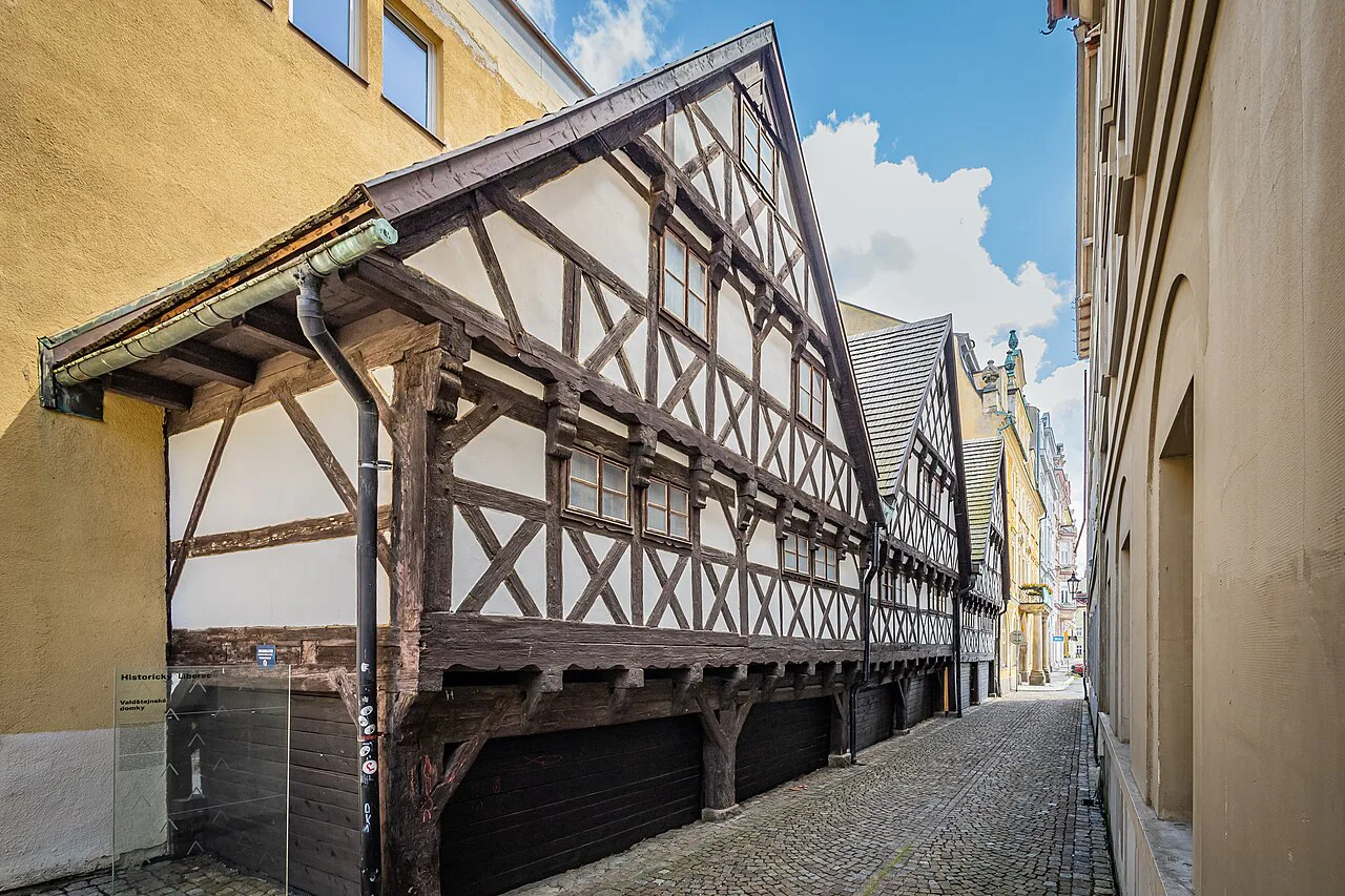 The half-timbered Valdštejnské domky (Wallenstein Houses) in Liberec.