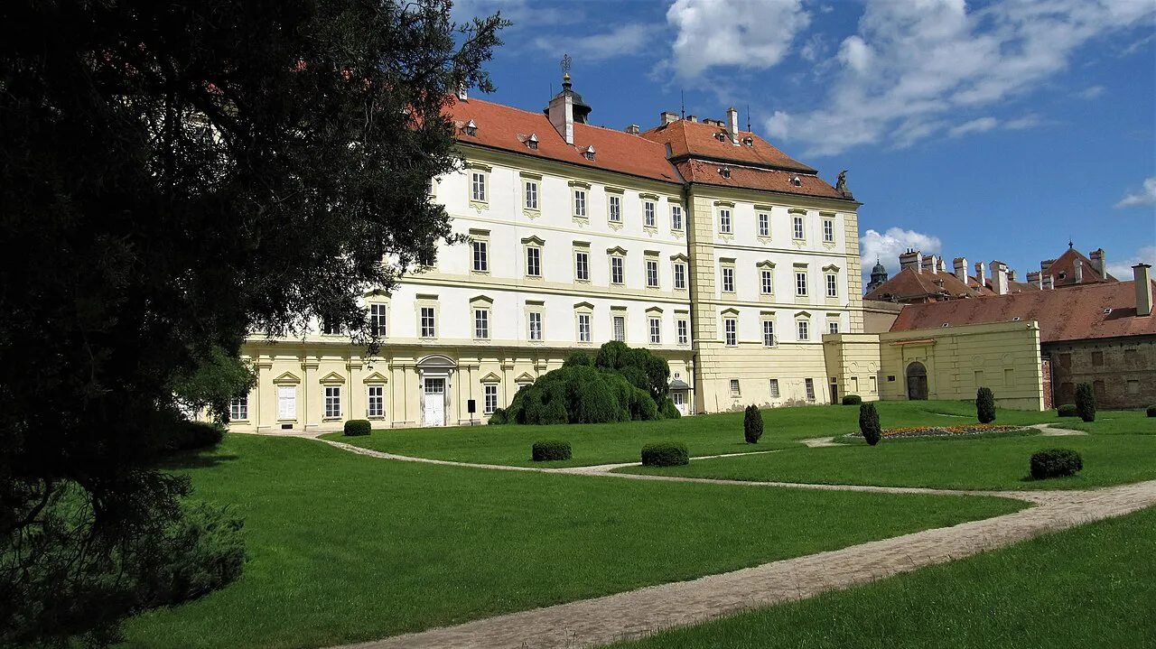 Valtice Castle beyond its lawns and park.
