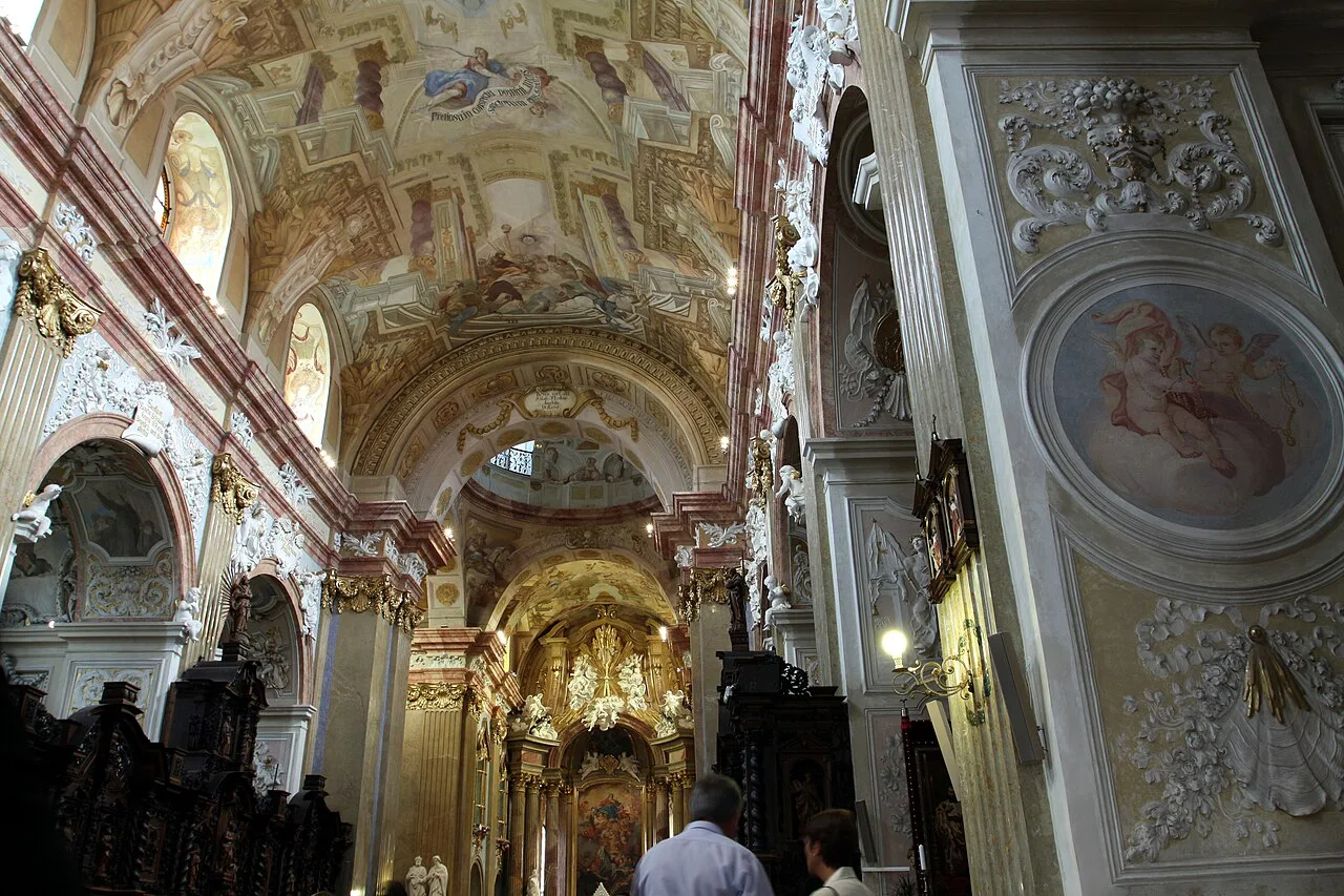 Painted ceiling and altar in the Velehrad Basilica.
