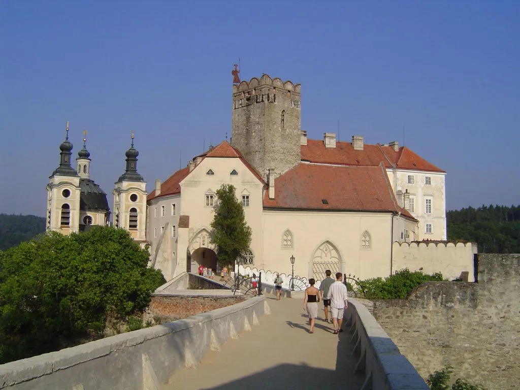 The bridge approach and tower of Vranov nad Dyjí Castle.