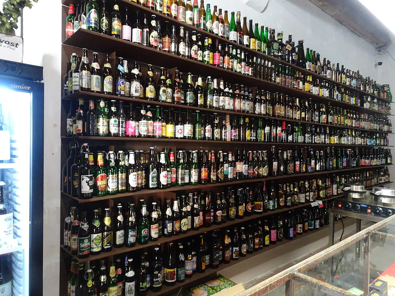 Shelves of bottled beer inside the Hop and Beer Temple in Žatec.