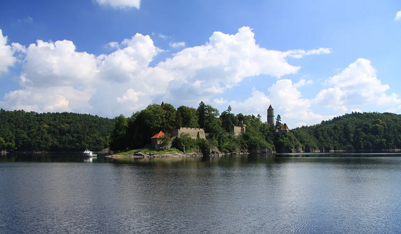 Zvíkov Castle across the reservoir, seen from Kopaniny.