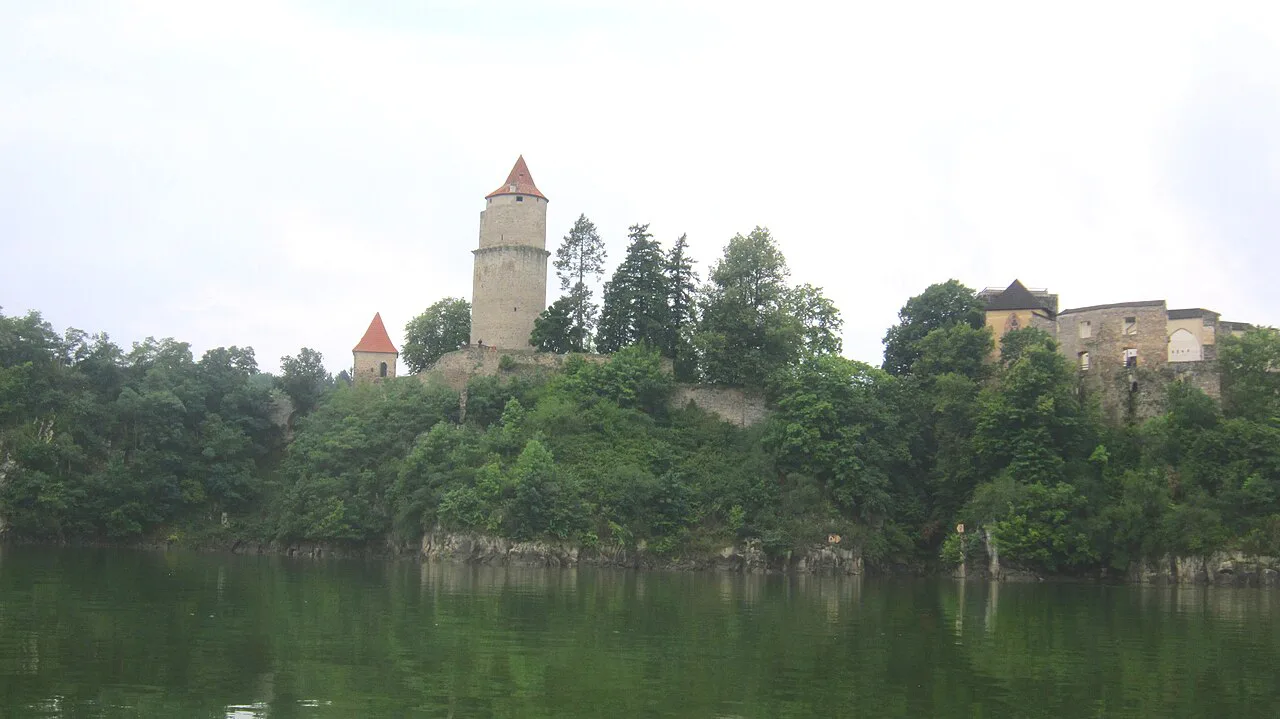 Zvíkov Castle above the water, seen from a boat